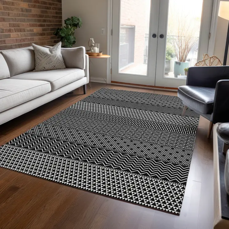 10' X 14' Black And Ivory Chevron Washable Indoor Outdoor Area Rug