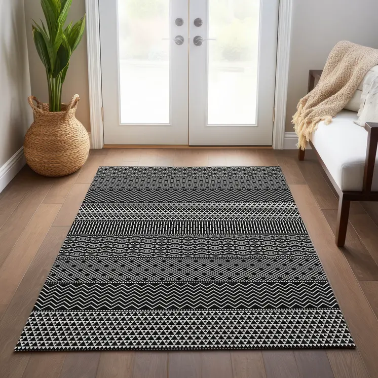 10' X 14' Black And Ivory Chevron Washable Indoor Outdoor Area Rug