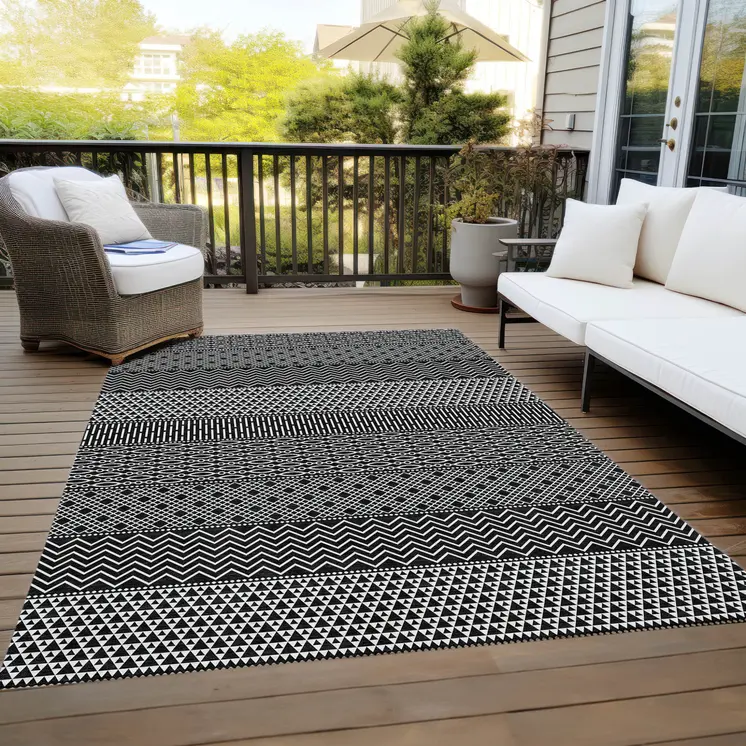 10' X 14' Black And Ivory Chevron Washable Indoor Outdoor Area Rug