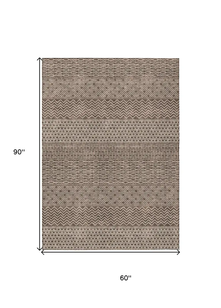 5' X 8' Brown And Ivory Chevron Washable Indoor Outdoor Area Rug