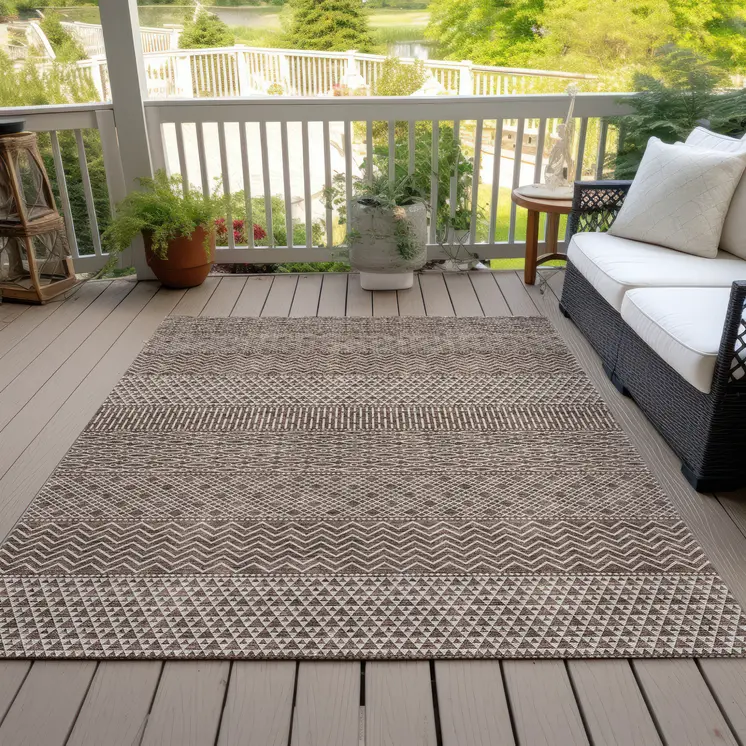 5' X 8' Brown And Ivory Chevron Washable Indoor Outdoor Area Rug
