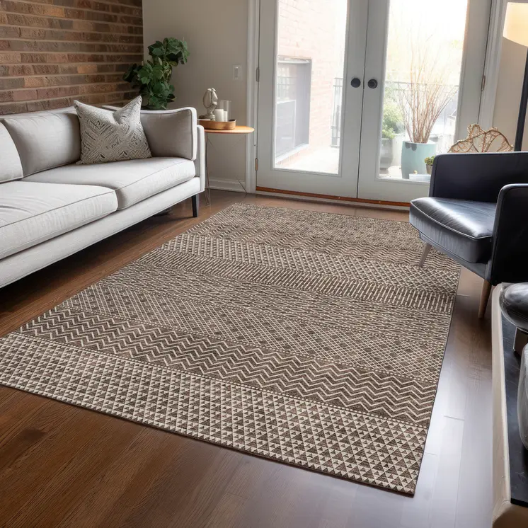 5' X 8' Brown And Ivory Chevron Washable Indoor Outdoor Area Rug