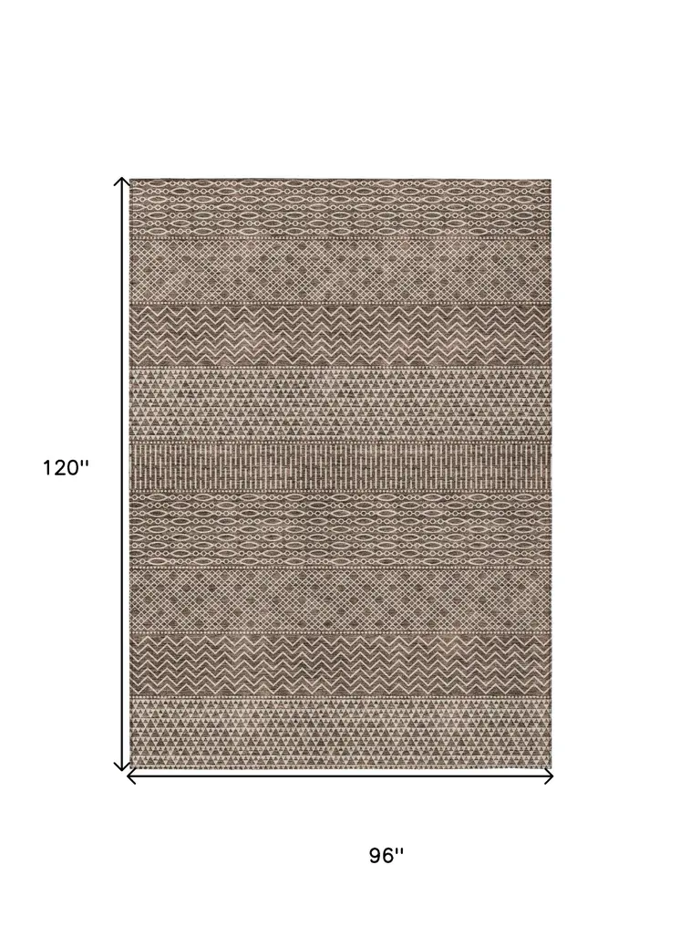 8' X 10' Brown And Ivory Chevron Washable Indoor Outdoor Area Rug
