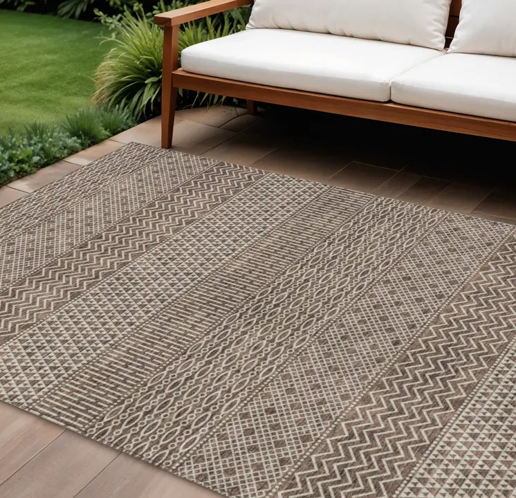 8' X 10' Brown And Ivory Chevron Washable Indoor Outdoor Area Rug