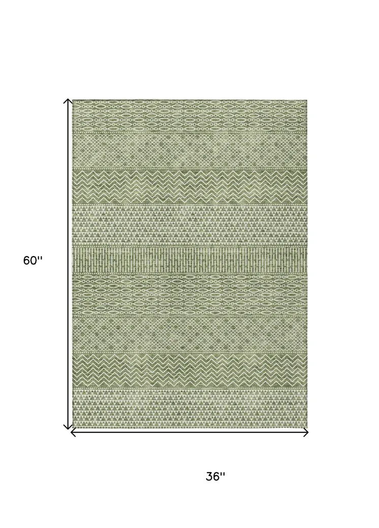 3' X 5' Green And Ivory Chevron Washable Indoor Outdoor Area Rug