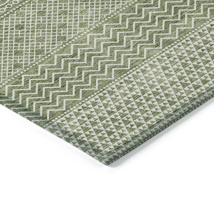 3' X 5' Green And Ivory Chevron Washable Indoor Outdoor Area Rug