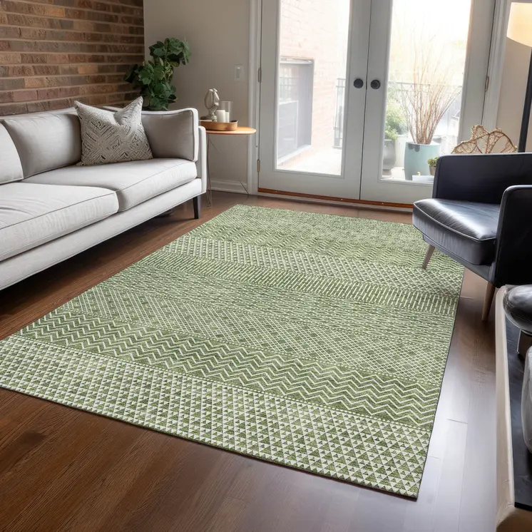 3' X 5' Green And Ivory Chevron Washable Indoor Outdoor Area Rug
