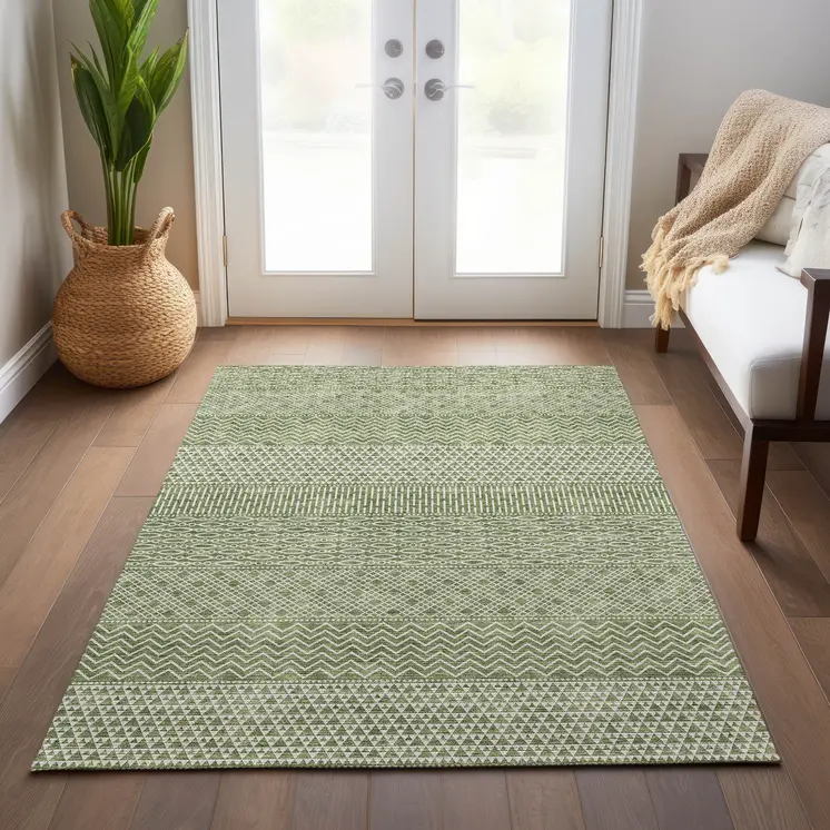 3' X 5' Green And Ivory Chevron Washable Indoor Outdoor Area Rug