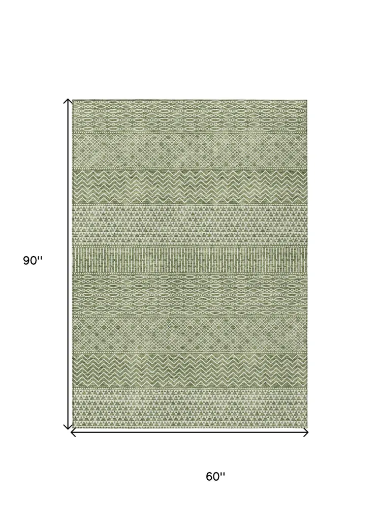 5' X 8' Green And Ivory Chevron Washable Indoor Outdoor Area Rug