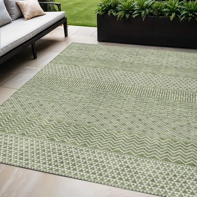 5' X 8' Green And Ivory Chevron Washable Indoor Outdoor Area Rug