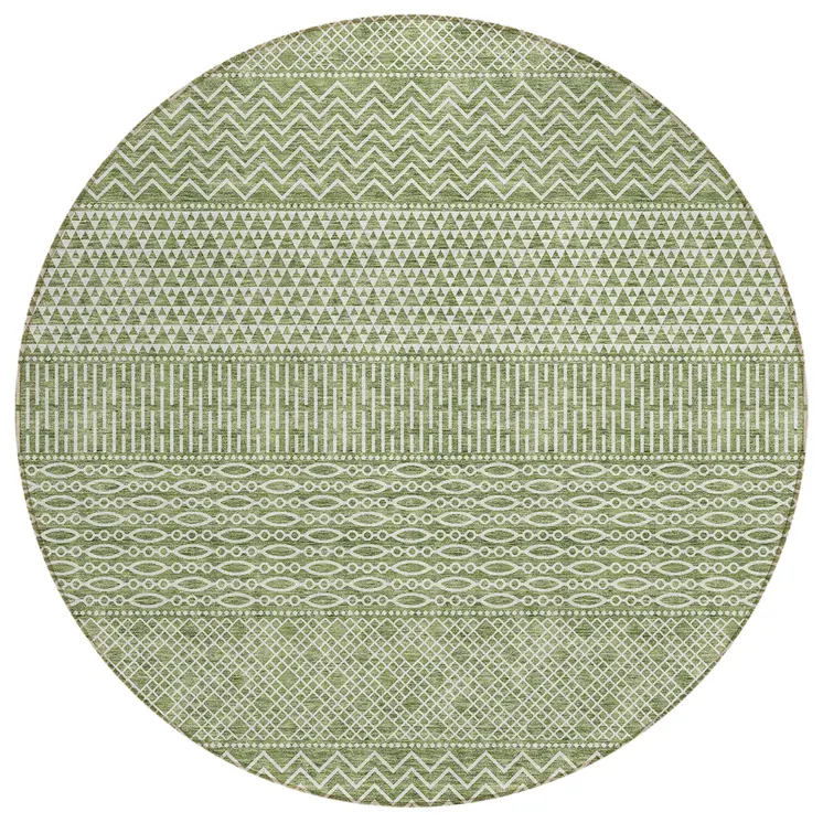 8' Green And Ivory Round Chevron Washable Indoor Outdoor Area Rug