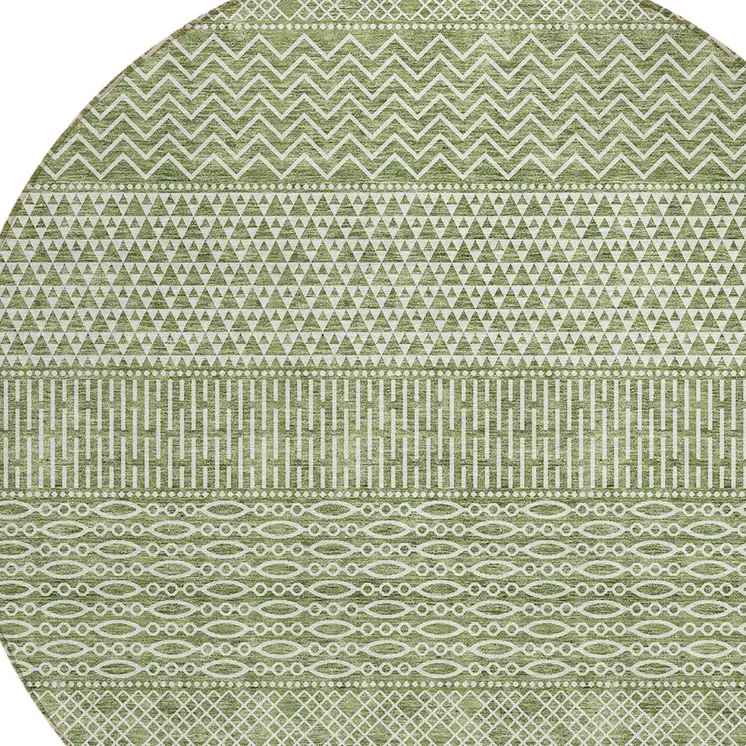 8' Green And Ivory Round Chevron Washable Indoor Outdoor Area Rug
