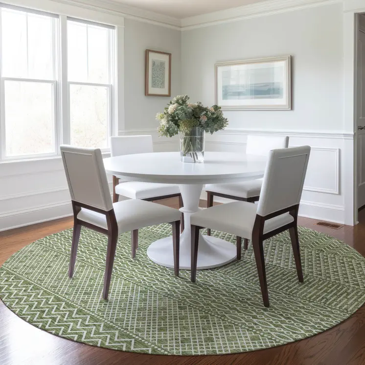 8' Green And Ivory Round Chevron Washable Indoor Outdoor Area Rug