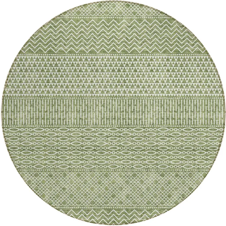 8' Green And Ivory Round Chevron Washable Indoor Outdoor Area Rug