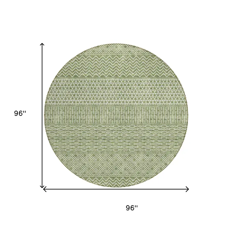 8' Green And Ivory Round Chevron Washable Indoor Outdoor Area Rug