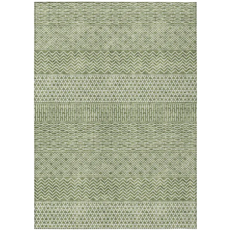 8' X 10' Green And Ivory Chevron Washable Indoor Outdoor Area Rug