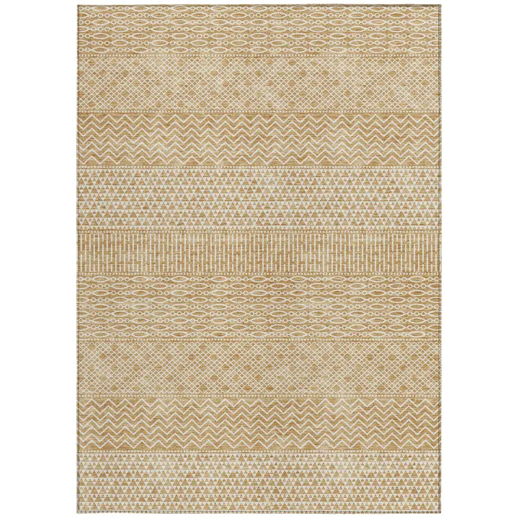 3' X 5' Gold And Ivory Chevron Washable Indoor Outdoor Area Rug