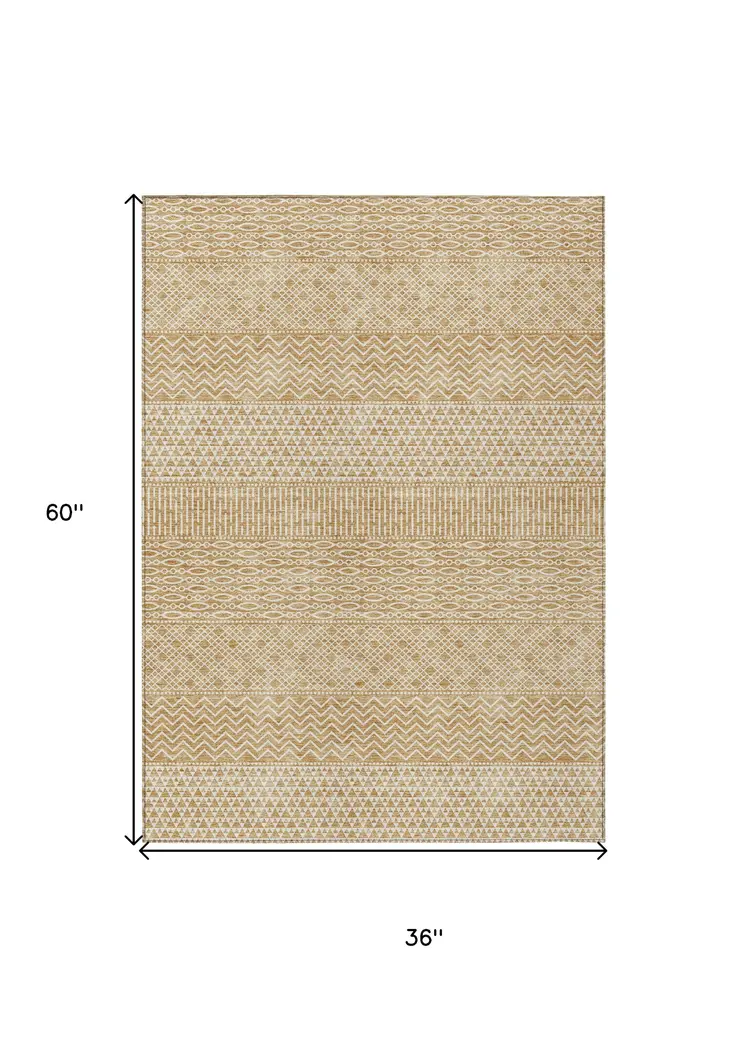 3' X 5' Gold And Ivory Chevron Washable Indoor Outdoor Area Rug