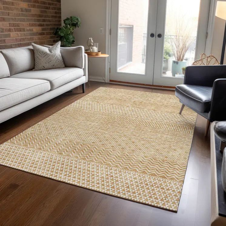 3' X 5' Gold And Ivory Chevron Washable Indoor Outdoor Area Rug