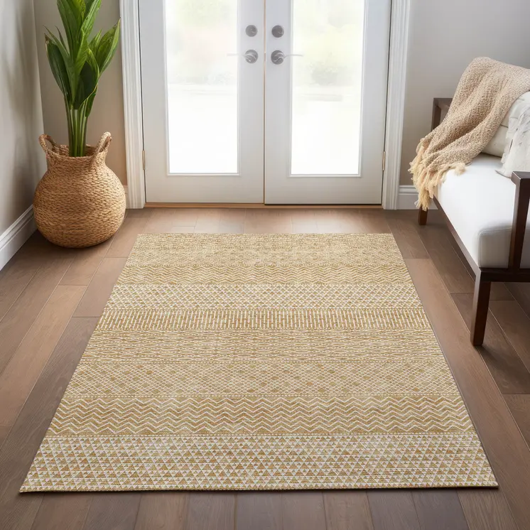 3' X 5' Gold And Ivory Chevron Washable Indoor Outdoor Area Rug