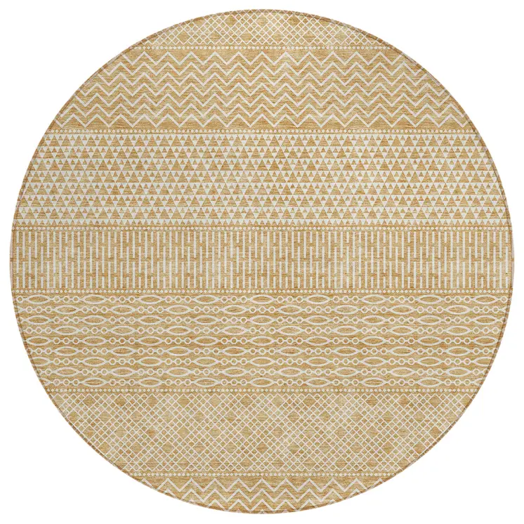 8' Gold And Ivory Round Chevron Washable Indoor Outdoor Area Rug