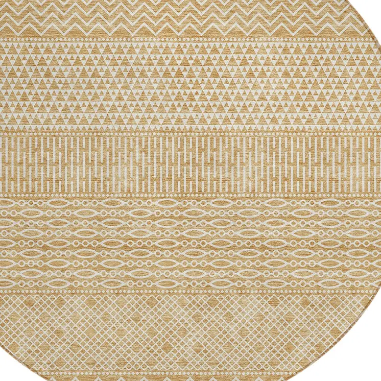 8' Gold And Ivory Round Chevron Washable Indoor Outdoor Area Rug