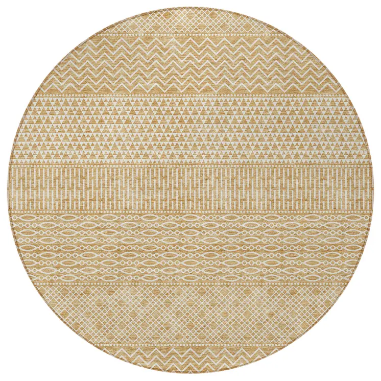 8' Gold And Ivory Round Chevron Washable Indoor Outdoor Area Rug