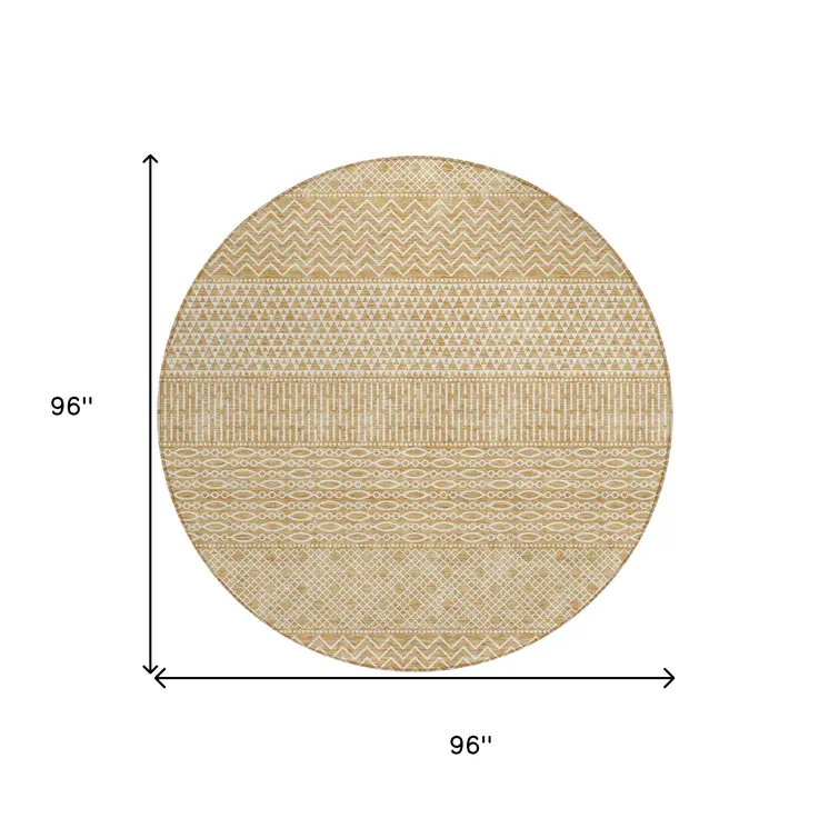 8' Gold And Ivory Round Chevron Washable Indoor Outdoor Area Rug