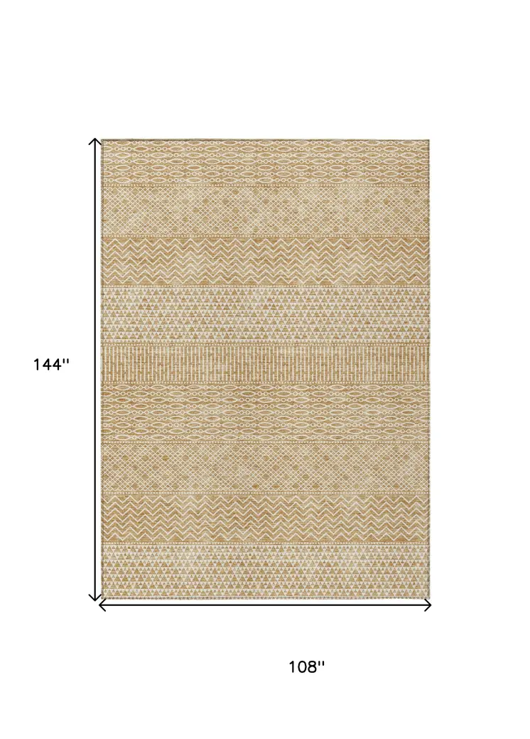 9' X 12' Gold And Ivory Chevron Washable Indoor Outdoor Area Rug