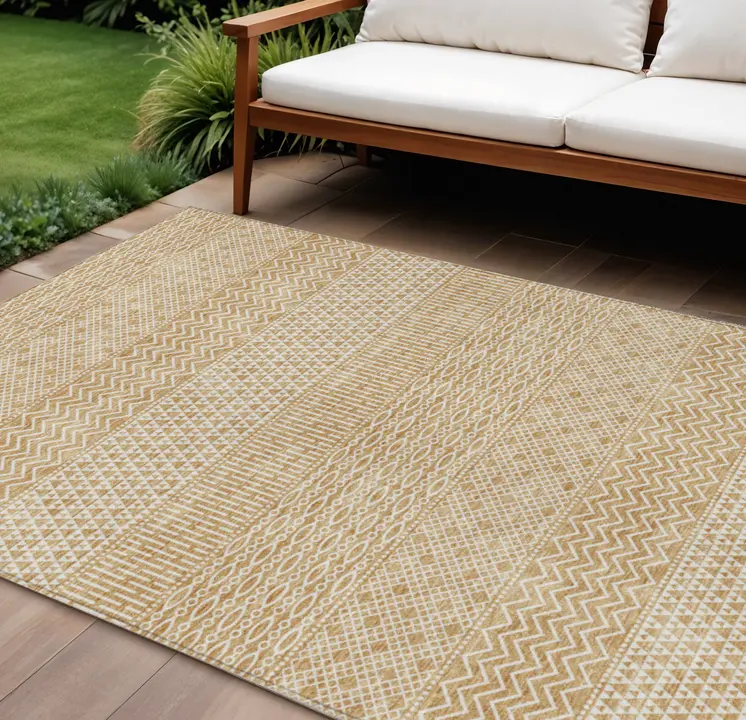 9' X 12' Gold And Ivory Chevron Washable Indoor Outdoor Area Rug