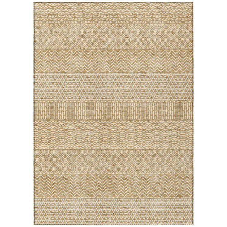 9' X 12' Gold And Ivory Chevron Washable Indoor Outdoor Area Rug