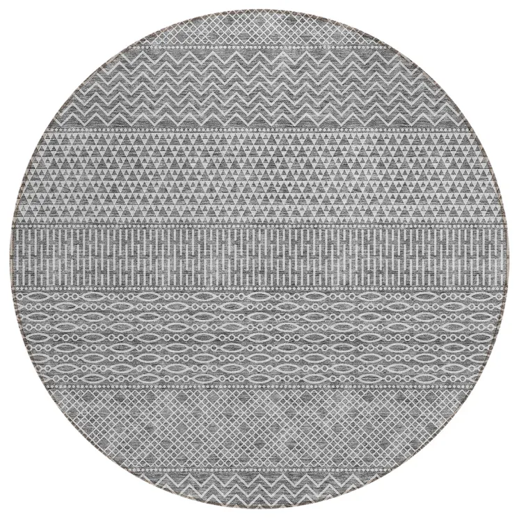 8' Gray And Silver Round Chevron Washable Indoor Outdoor Area Rug