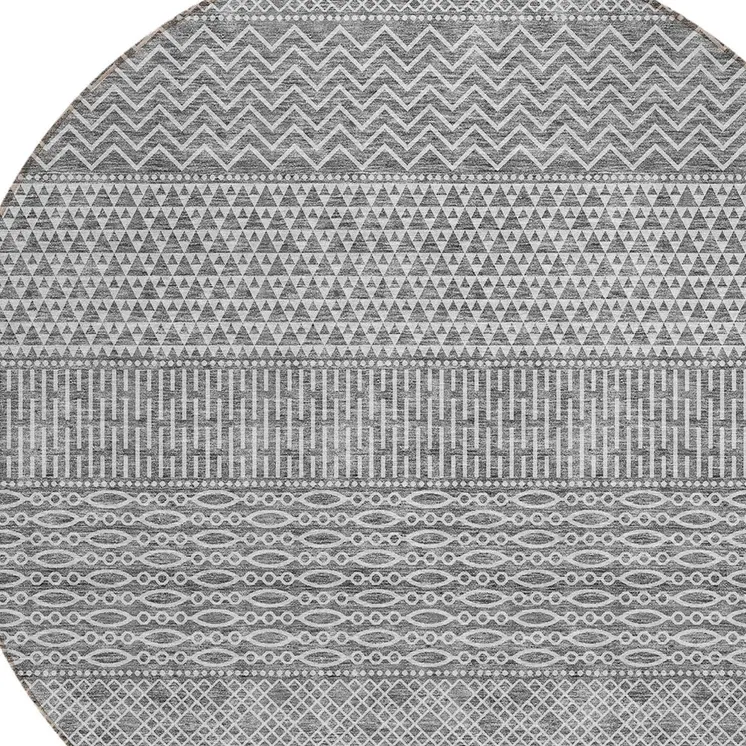 8' Gray And Silver Round Chevron Washable Indoor Outdoor Area Rug