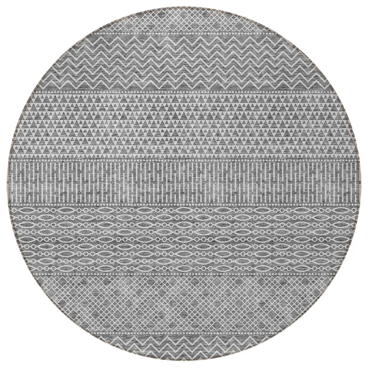 8' Gray And Silver Round Chevron Washable Indoor Outdoor Area Rug