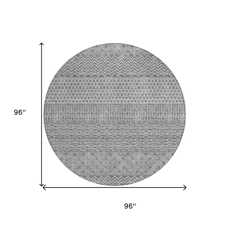 8' Gray And Silver Round Chevron Washable Indoor Outdoor Area Rug