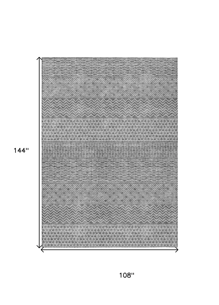 9' X 12' Gray And Silver Chevron Washable Indoor Outdoor Area Rug