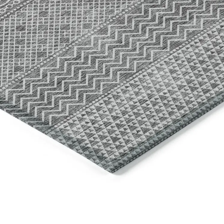 10' X 14' Gray And Silver Chevron Washable Indoor Outdoor Area Rug