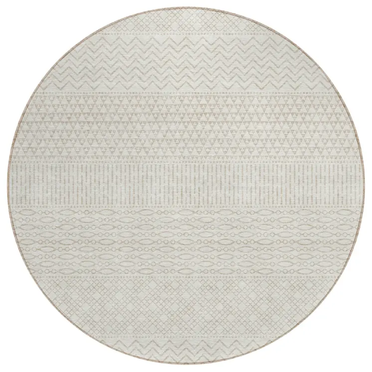 8' Ivory And Beige Round Chevron Washable Indoor Outdoor Area Rug