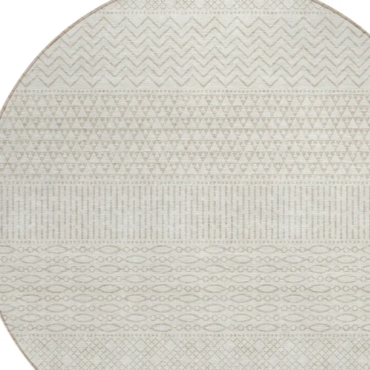 8' Ivory And Beige Round Chevron Washable Indoor Outdoor Area Rug