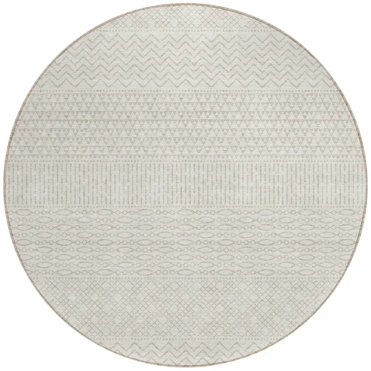 8' Ivory And Beige Round Chevron Washable Indoor Outdoor Area Rug