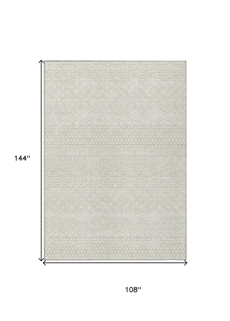 9' X 12' Ivory And Beige Chevron Washable Indoor Outdoor Area Rug