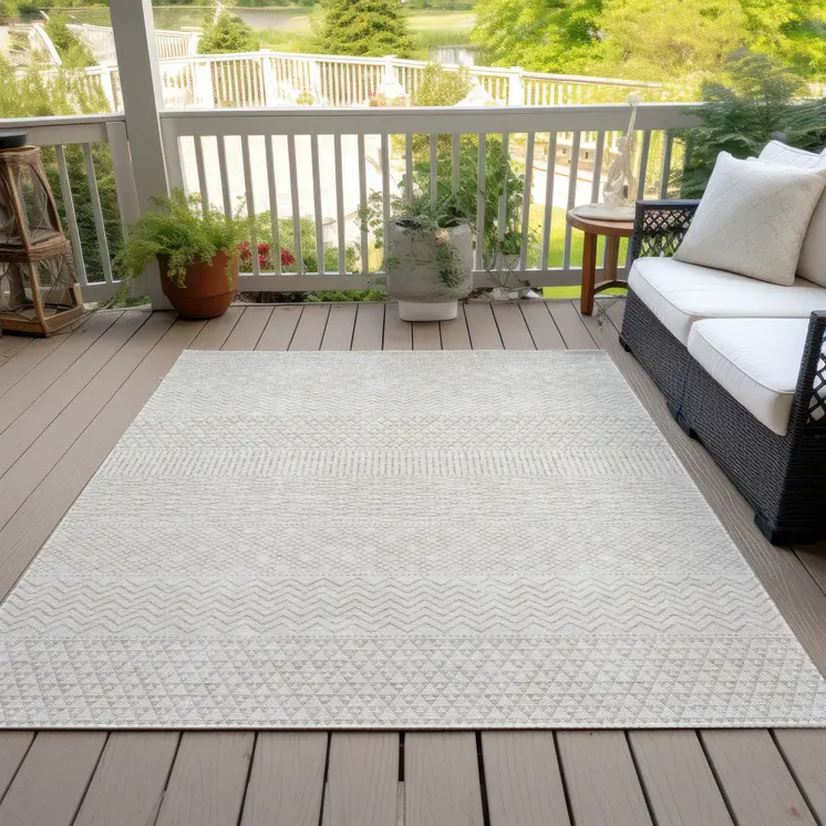 9' X 12' Ivory And Beige Chevron Washable Indoor Outdoor Area Rug