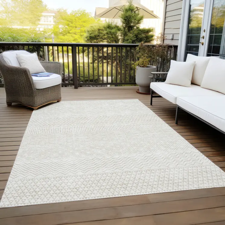 9' X 12' Ivory And Beige Chevron Washable Indoor Outdoor Area Rug