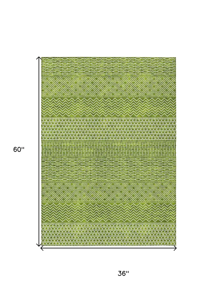 3' X 5' Lime Green And Ivory Chevron Washable Indoor Outdoor Area Rug