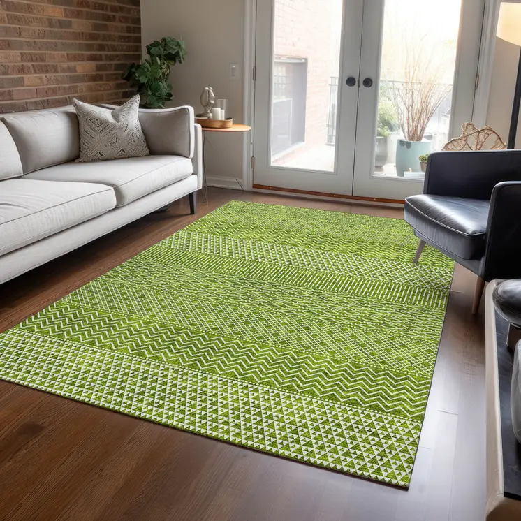 3' X 5' Lime Green And Ivory Chevron Washable Indoor Outdoor Area Rug