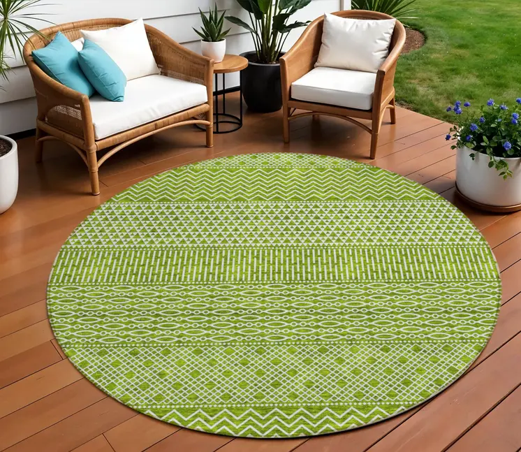 8' Lime Green And Ivory Round Chevron Washable Indoor Outdoor Area Rug