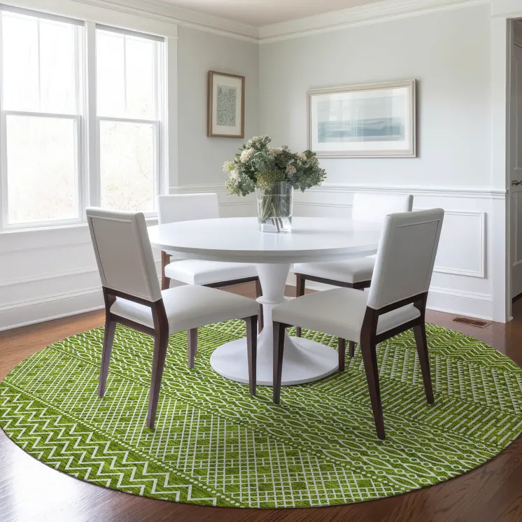 8' Lime Green And Ivory Round Chevron Washable Indoor Outdoor Area Rug