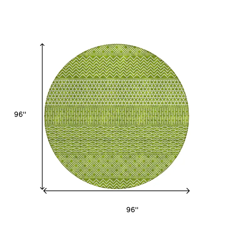 8' Lime Green And Ivory Round Chevron Washable Indoor Outdoor Area Rug