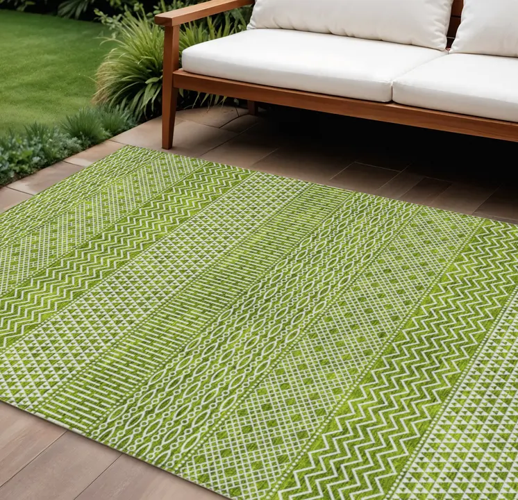 10' X 14' Lime Green And Ivory Chevron Washable Indoor Outdoor Area Rug