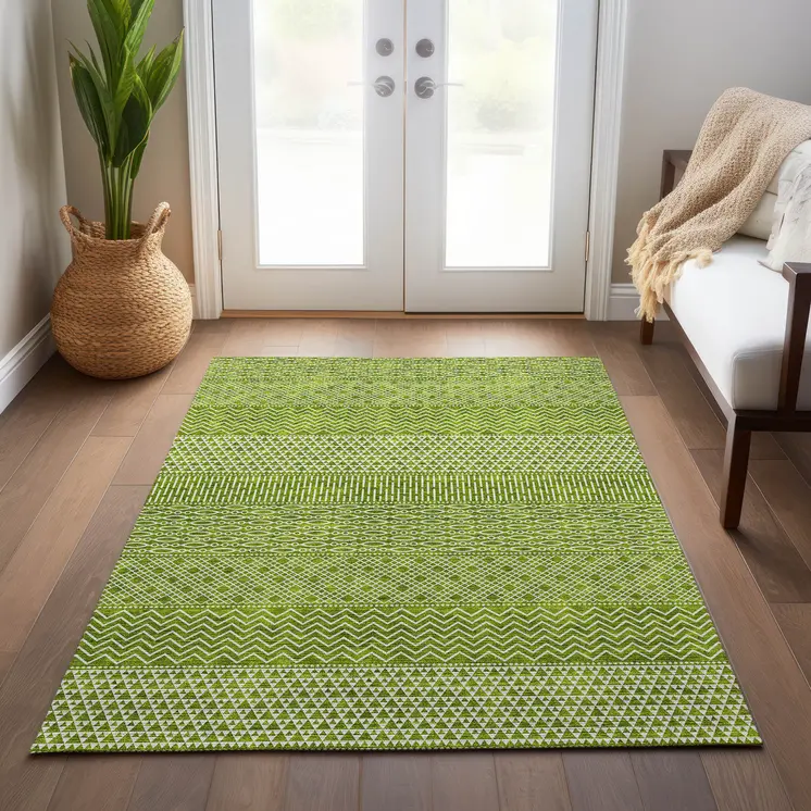 10' X 14' Lime Green And Ivory Chevron Washable Indoor Outdoor Area Rug